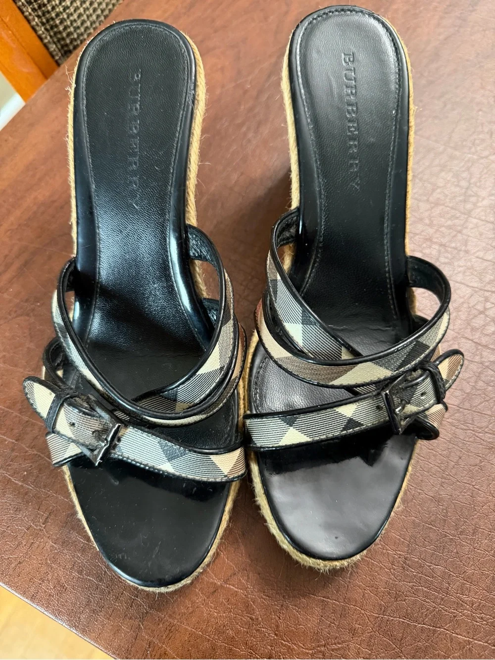 Burberry Black with Beige Check Espadrille Slide Sandals
